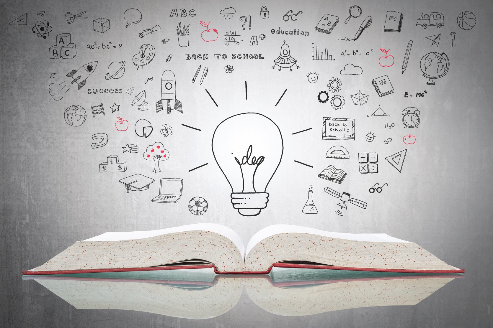 World intellectual property day and education concept with innovative light bulb on book with doodle